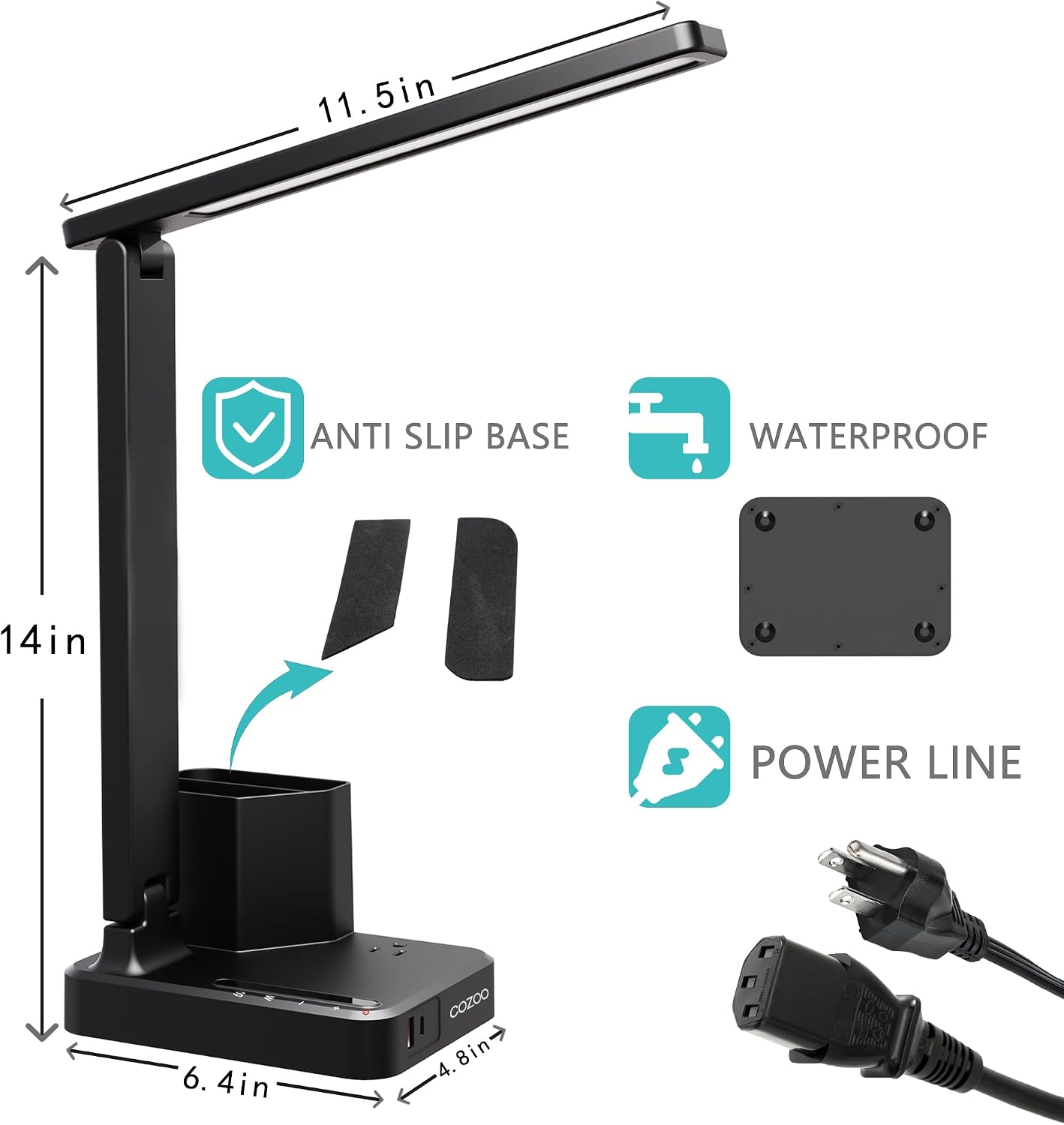 LED Desk Lamp USB A/C AC Pen Holder Dorm Home Office Desk Light Black | Adjustable LED Desk Light with USB A/C, AC