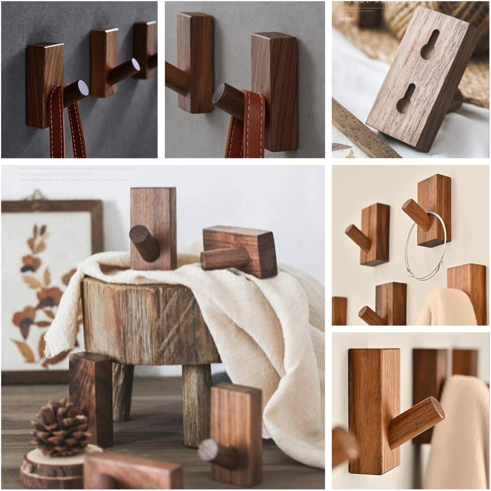 Wooden Coat Hooks Wall Mounted / Rectangle-black Walunt / Set of 5