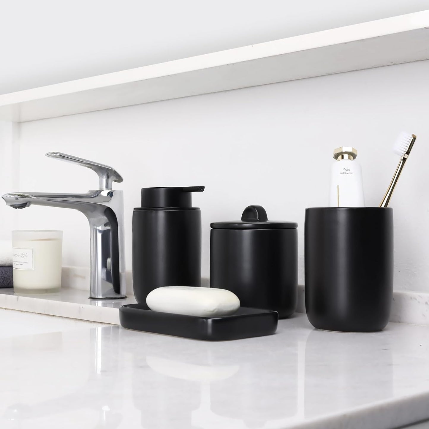BosilunLife Black Ceramic Bathroom Accessories Set of 4 | Bathroom Decor Sets Accessories Bathroom Lotion Soap