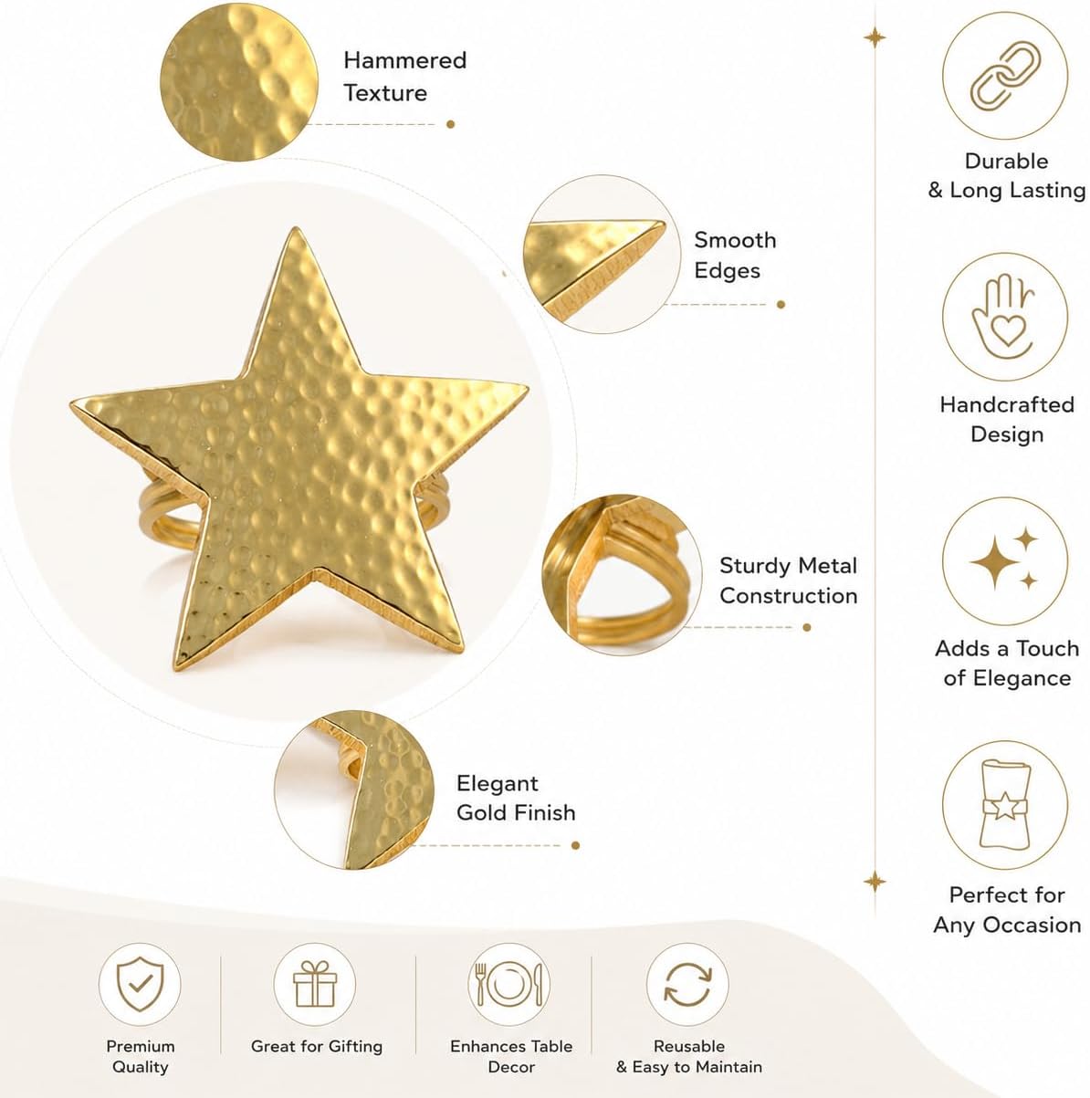 Alpha Living Home Gold Star Napkin Rings, Bulk Metal Holders, Set of 12 | Hammered metal, rust-resistant