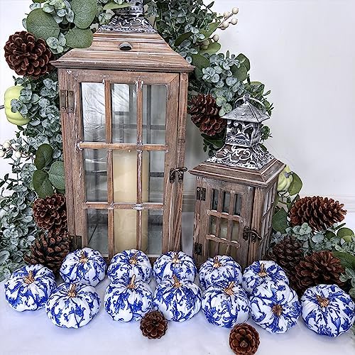 Winlyn 12 Pcs Small Fabric Decorative Blue and White Pumpkins Chinoiserie Chic Foam Pumpkins 3" for Gifts Fall Wedding Halloween Thanksgiving Table Centerpiece Mantel Farmhouse Décor
