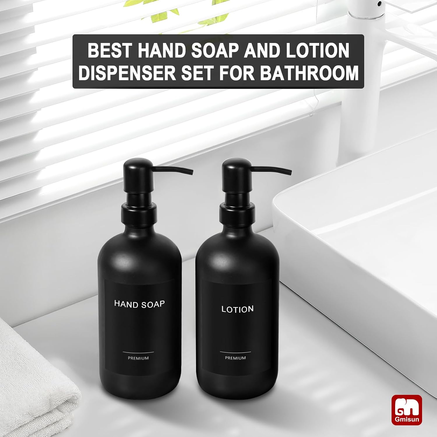 GMISUN Black Soap Dispenser, 2 Pack Matte Black Hand Soap Dispensers Bathroom with Stainless Steel Pump, 17 Fl Oz Glass