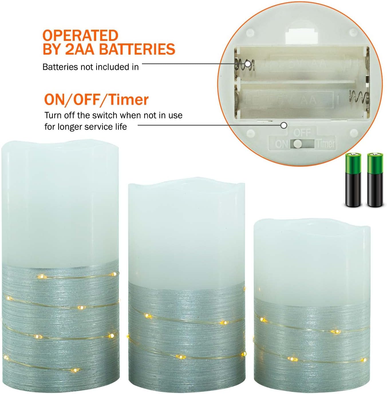 H-BLOSSOM Flickering Flameless Candles Ivory Real Wax Pillar with Embedded String Lights LED Candles Battery Operated