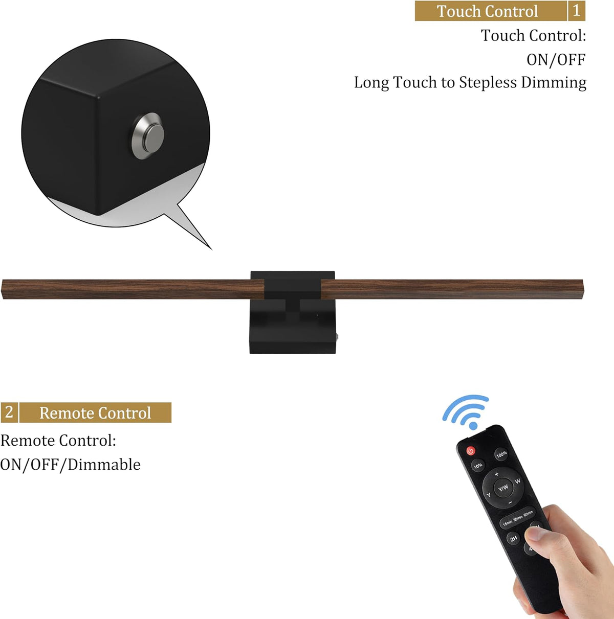 Rayogale Black Walnut Rechargeable Wall Sconce with Remote Control 40 Inch | 3000/4500/6000K Dimmable 8000mAh Wireless