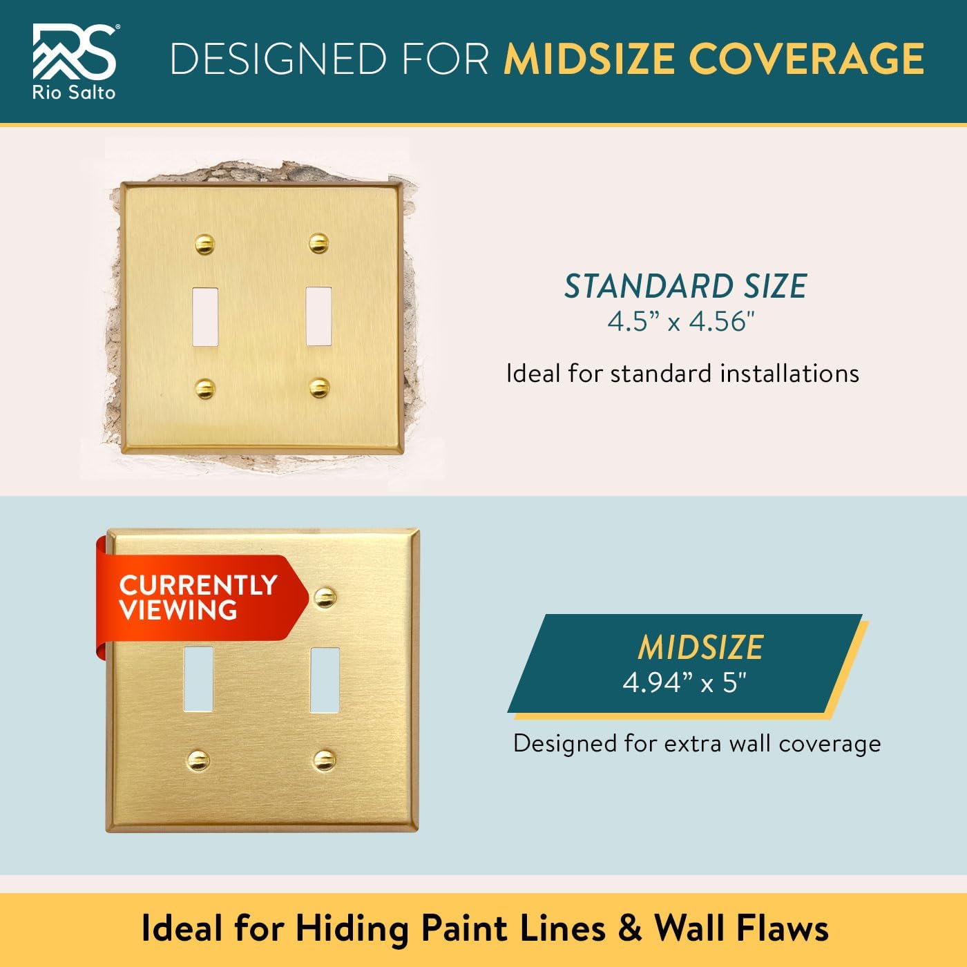 Rio Salto MIDSIZE BRASS Signature Collection Decorative Brushed Brass Gold Metal Outlet Covers, Light Switch Cover