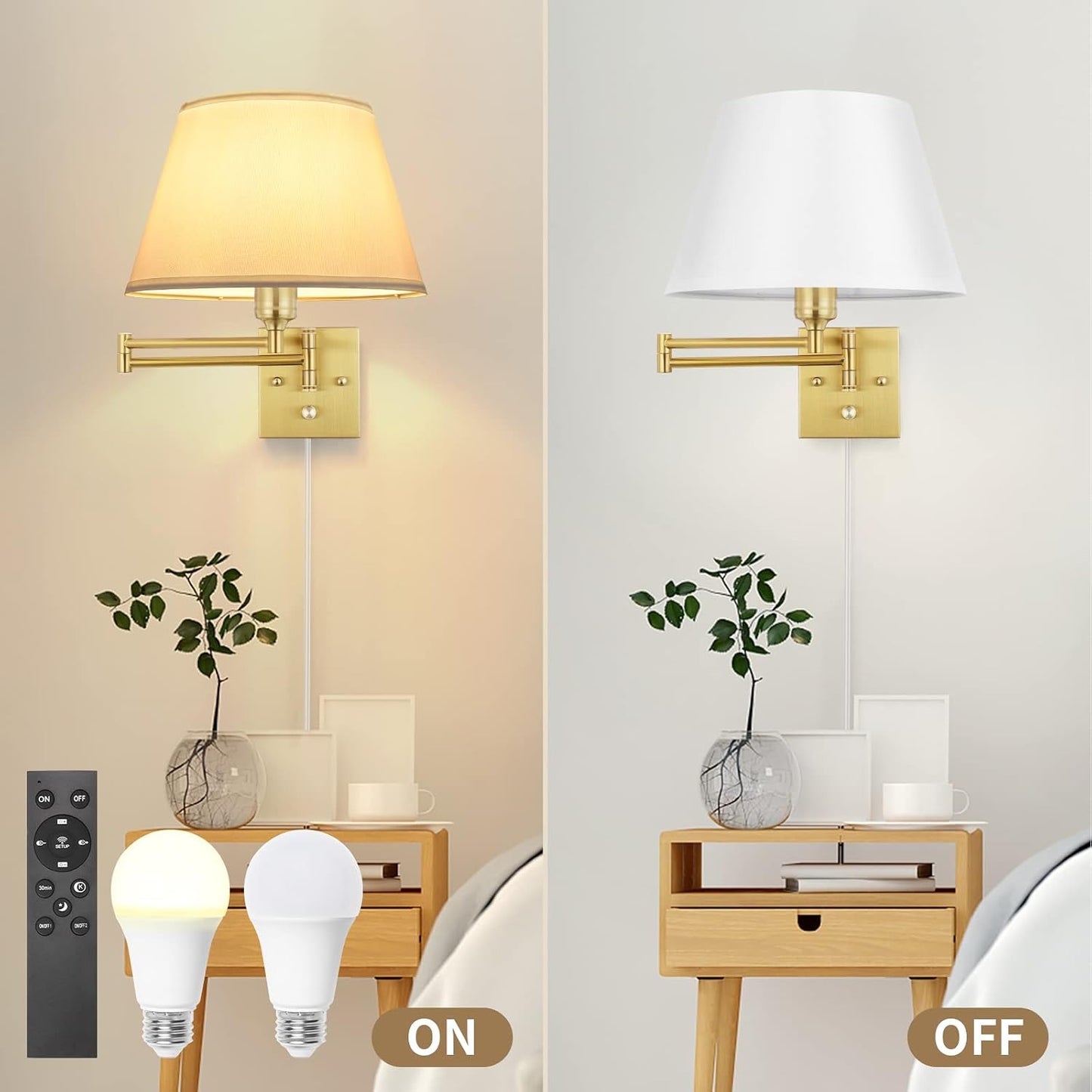 TRLIFE Remote Control Dimmable Wall Sconce, Adjustable Color Temperature 2700K-6500K Brushed Brass Swing Arm Wall