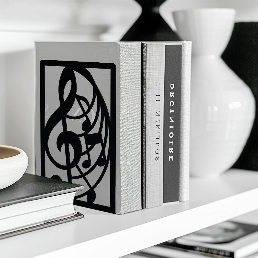 Metal Bookends / Modern Decorative Heavy Duty Study Book Support Stoppers for Desk / Musical Note