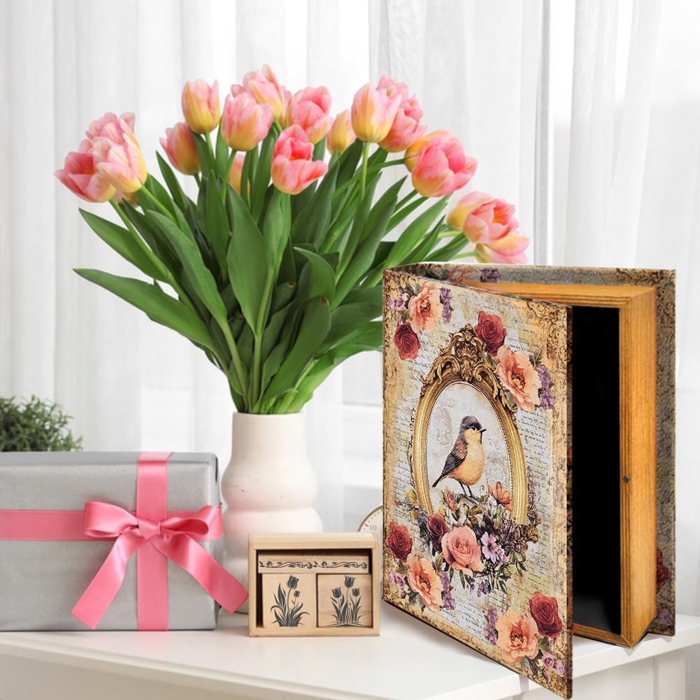 Floral Bird Fake Book Box Decorative Books Boxes Wood / Floral and Bird