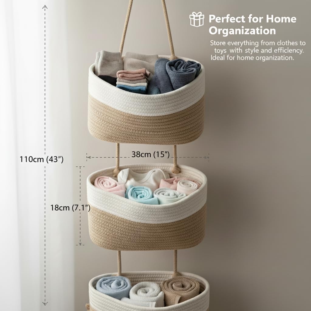 Hooks / Hanging Wall Basket / White&jute
