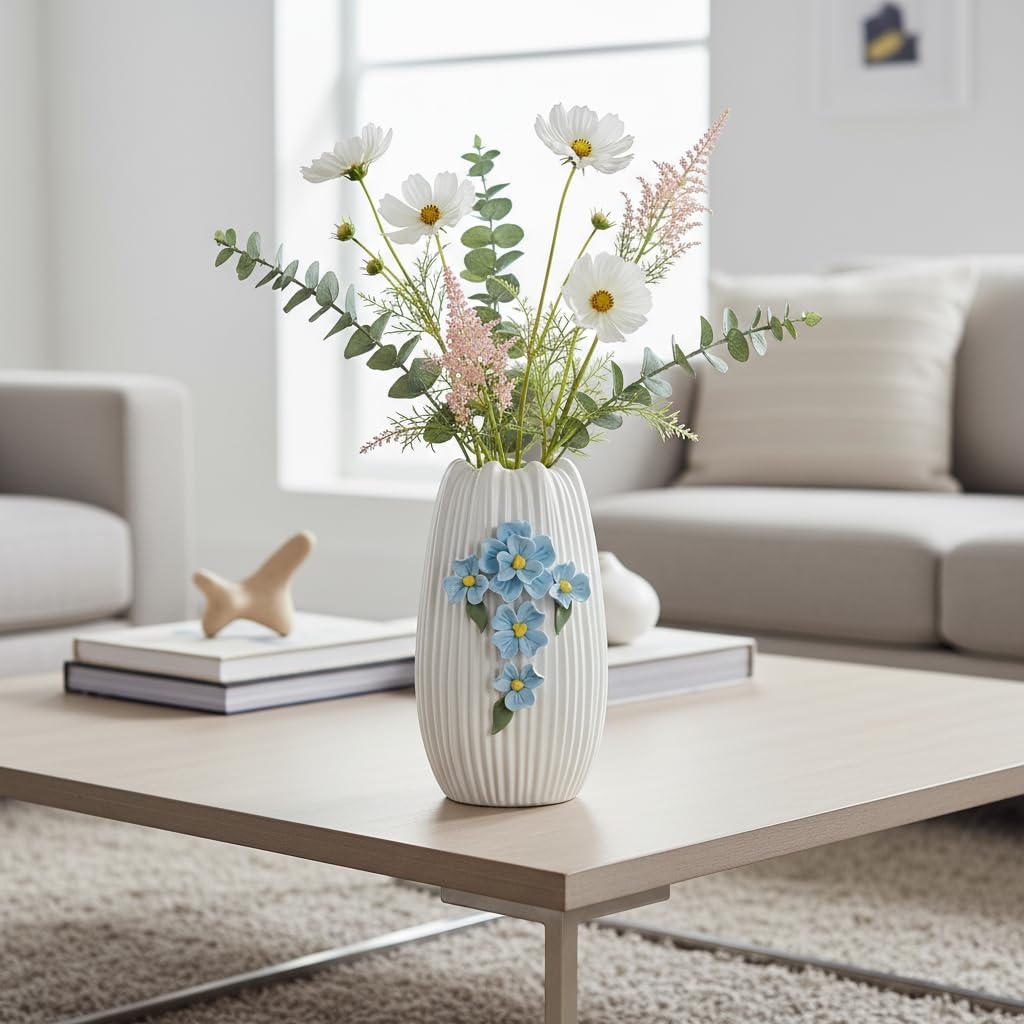 Modern Ceramic Vase / White and Light Blue / 9 Inch
