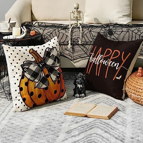 AVOIN colorlife Happy Halloween Cute Ghost Trick or Treat Throw Pillow Covers, 20 x 20 Inch Polka Dot Pumpkin Bat Cushion Case for Sofa Couch Set of 4 Black