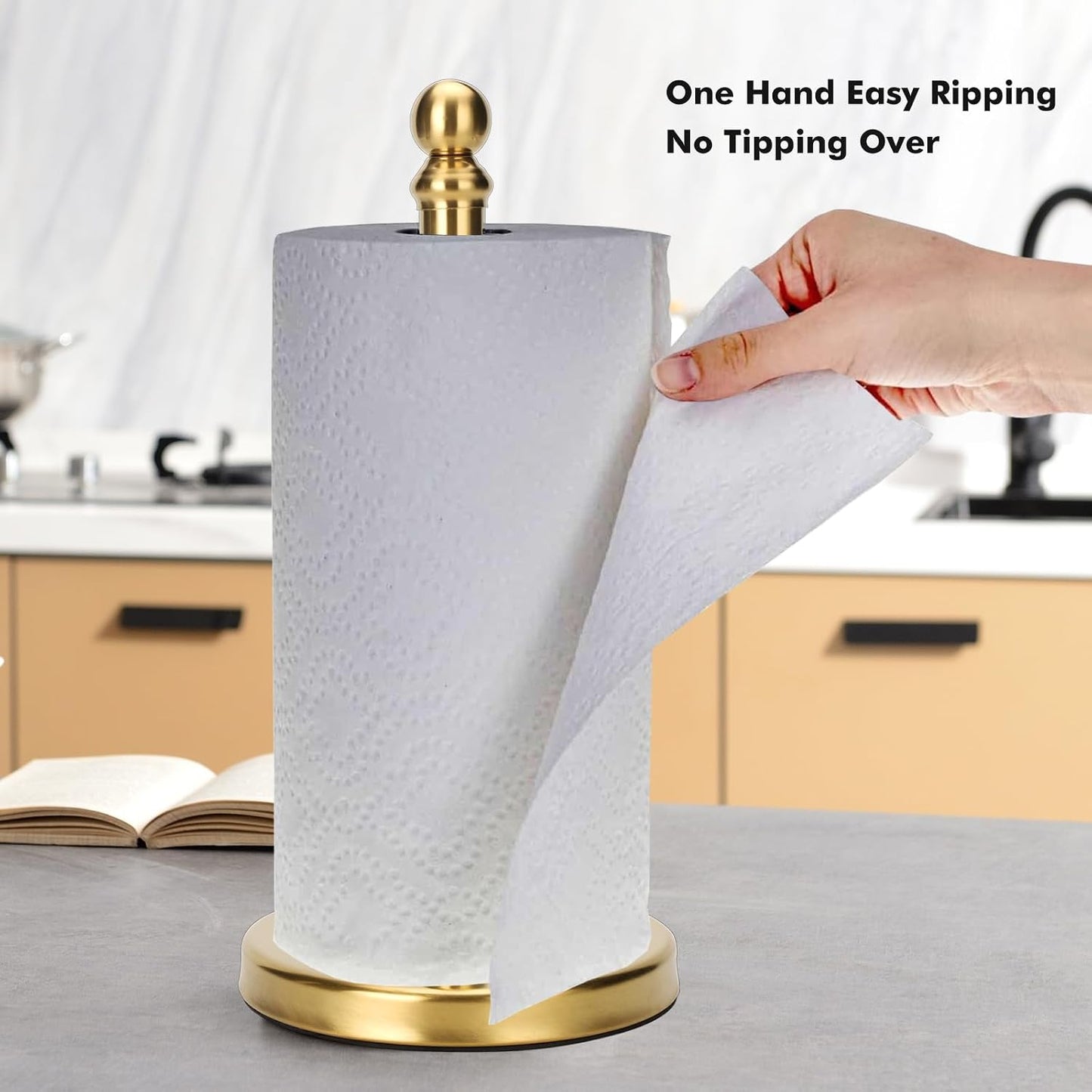 Gold Paper Towel Holder Countertop, Standing Paper Towel Roll Holder for Kitchen Bathroom, with Weighted Base for