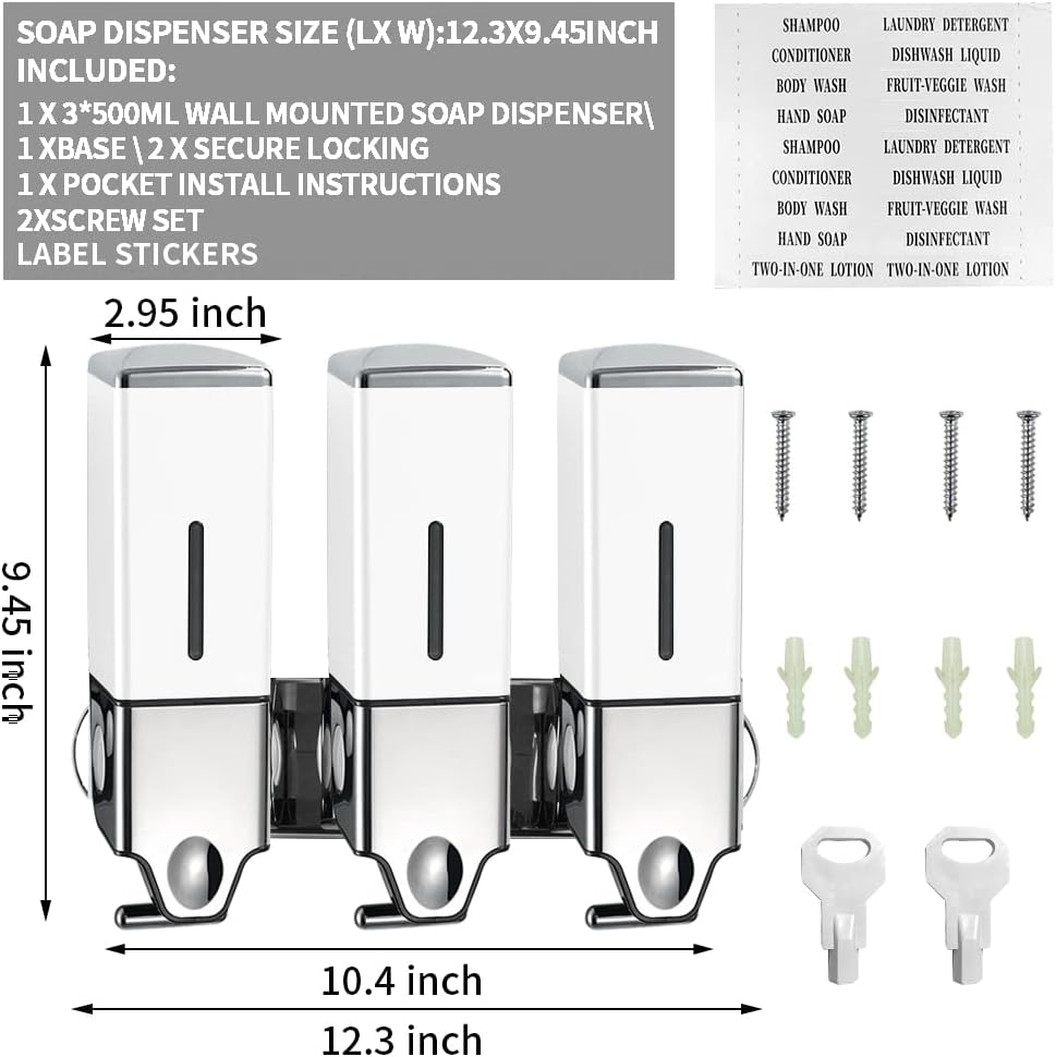 3 x 500ml per Cup Wall Mounted Manual Soap Dispenser for Home, Bath, Kitchen, Hotels, Restaurants. Shower and Lotion
