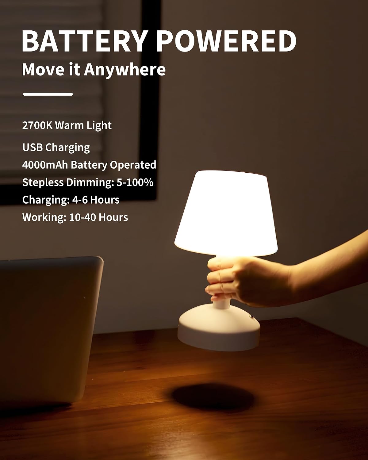 KDG White Cordless Small Table Lamp, Outdoor Shower Waterproof Desk Lamp | Modern Portable LED Dimmable 4000mAh