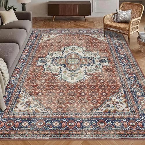 Washable Area Rug 4' x 6' Vintage Traditional Persian Mat - Foldable Distressed Non-Slip Machine Washable Carpet for