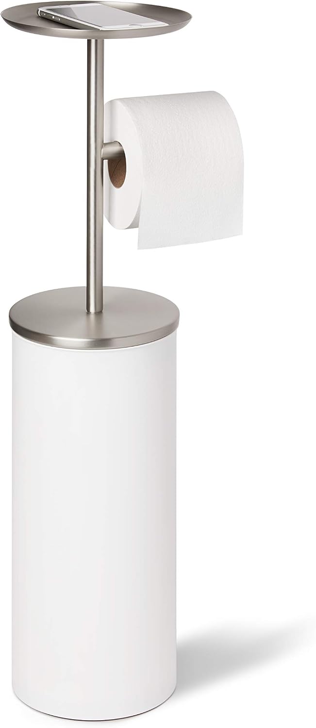 Umbra Portaloo Toilet Paper Stand, Freestanding with Storage, White/Nickel | Steel construction, built-in tray, holds
