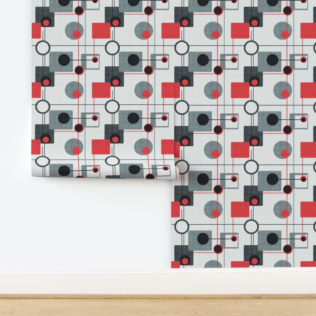 Orbs Squares Black White Vintage Retro Grey Modern Custom Removable Wallpaper / 24 x 72 / Roll / Red