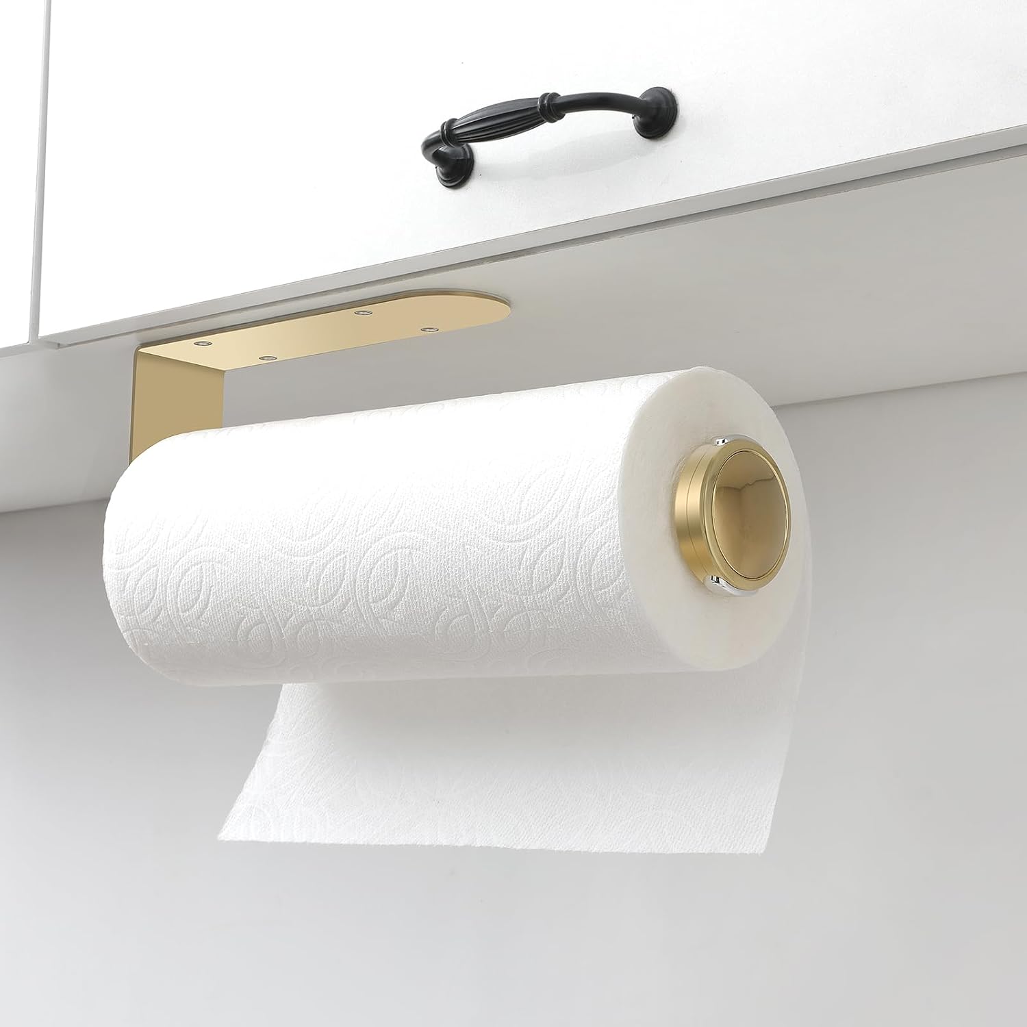 theaoo Paper Towel Holder Under Cabinet, One-Hand Tear, Wall Mount, Black | Quick Release Knob For Easy Roll Loading.