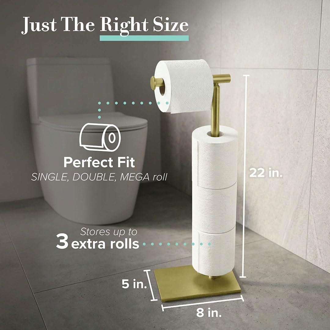 Gatco 1443B, Modern Rectangle Base Freestanding Toilet Paper Holder with Storage, 21.13”H, Brushed Brass