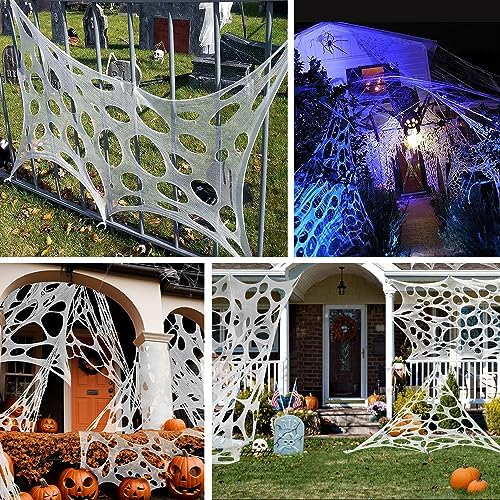 800 Sqft （After Streched with Holes） Uncut Giant Spider Web Halloween Decorations Outdoor with 10 Ground Nails Stretchy Beef Cloth Netting Cut-Your-Own Flexible Elastic for Yard Party Decor