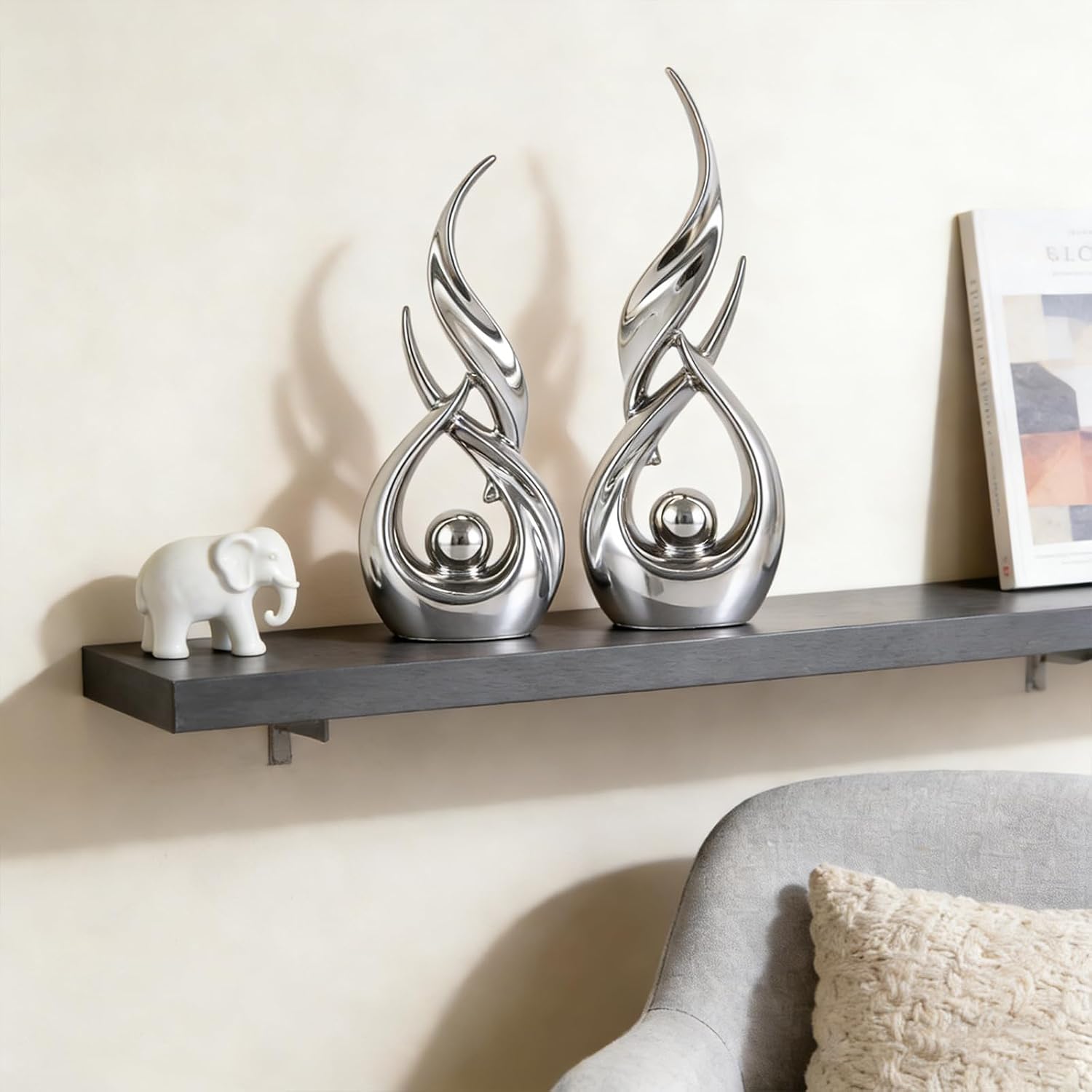 Ceramic Statues / Modern Abstract Art Sculptures / Silver / Set of 2