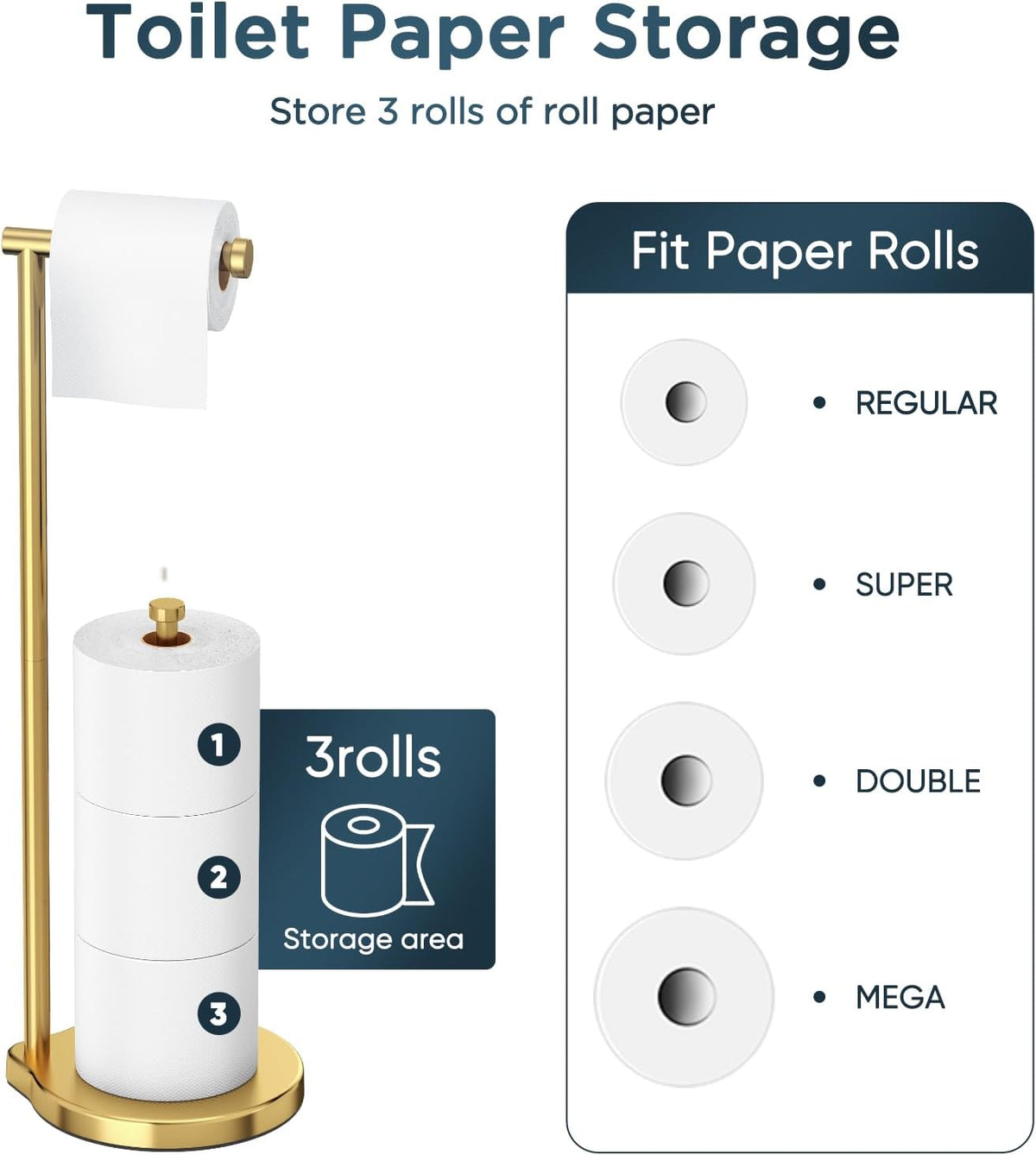 theaoo Heavy-Duty Toilet Paper Holder Stand, Bathroom Storage, Gold | Freestanding Toilet Tissue Paper Roll Holder with