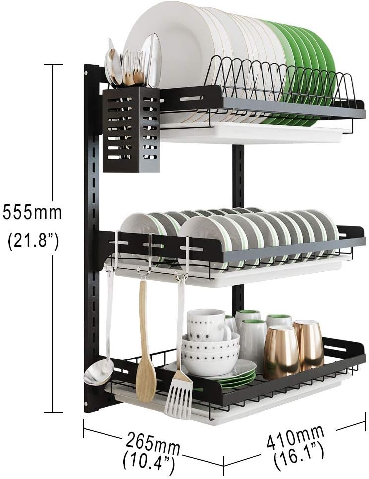junyuan Hanging Dish Drying Rack Wall Mount,Dish Racks Drainer,3 Tier Kitchen Plate Organizer Storage Shelf with Drain