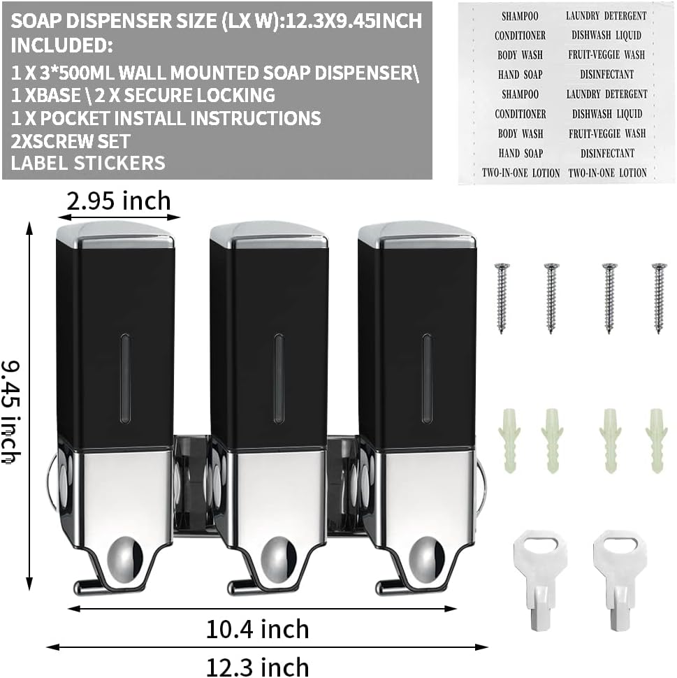 3 x 500ml per Cup Wall Mounted Manual Soap Dispenser for Home, Bath, Kitchen, Hotels, Restaurants. Shower and Lotion