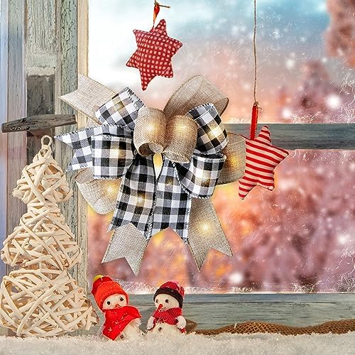 LED Christmas Buffalo Plaid Bow Rustic Burlap Black White Wreath Bow with LED Lights for Holiday Decorations (9.5 x 13 inch)