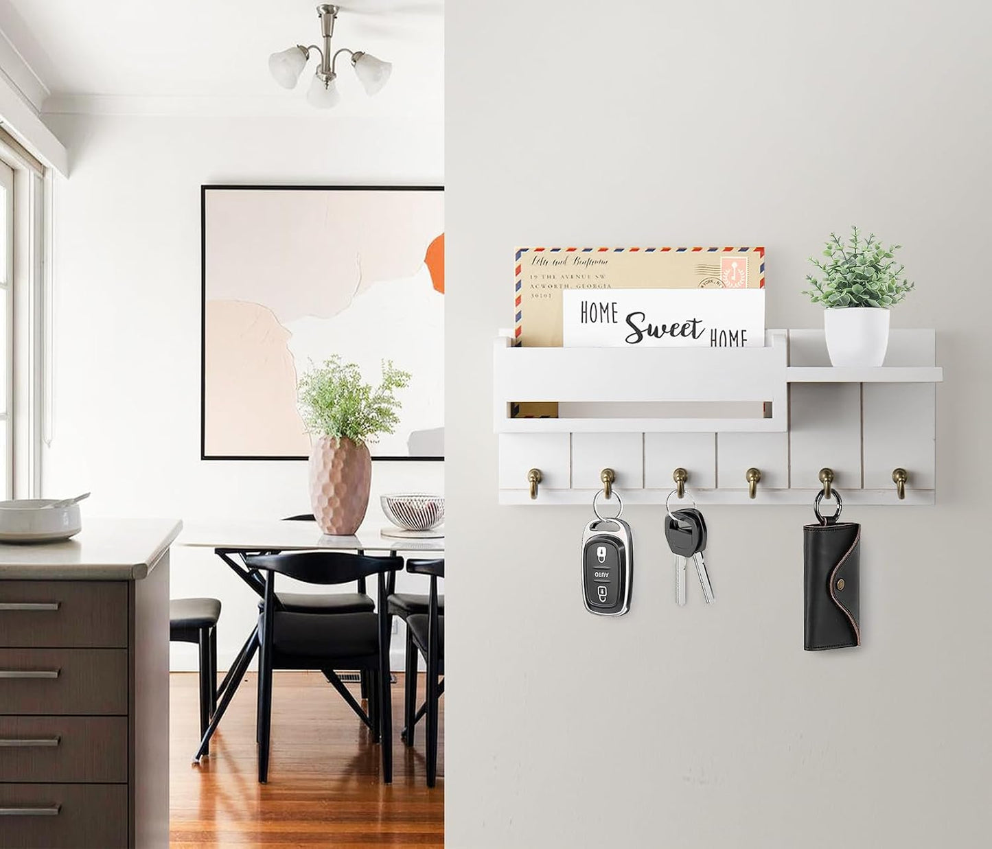 Wooden Key Hanger Rack and Mail Organizer / White / M