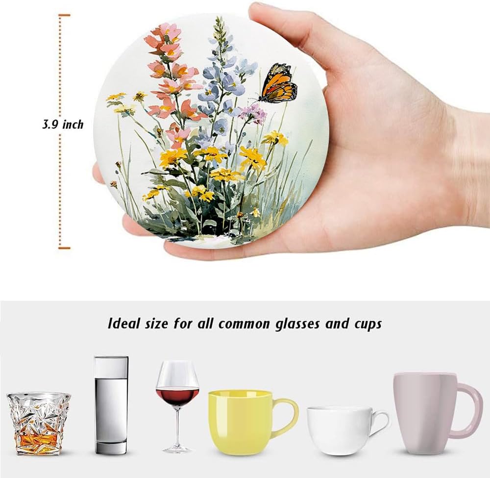 Holder / Spring Drink Absorbent Coasters / Wildflowers / Round / Set of 6