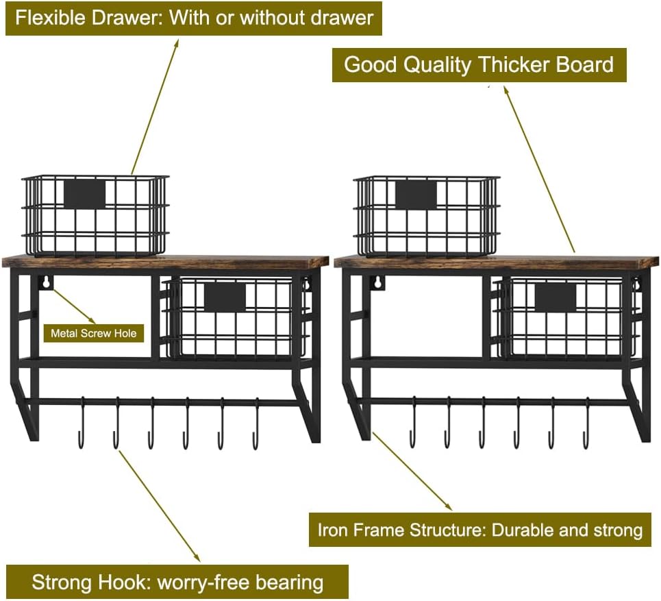 Helsin Industrial Wall Mounted Metal Wood Floating Shelves with Baskets Hooks Hanging Display Shelf Sundries Holder for