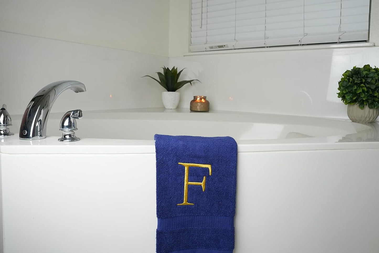 Navy with Gold Monogrammed Hand Towels for Bathroom - Set of 2 Letter F | Luxury Hotel Quality Initial Towels For