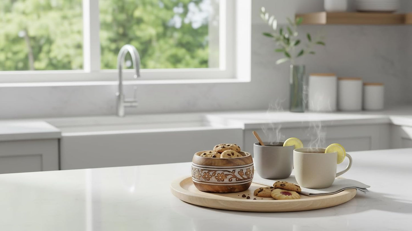 Handmade " Decorative Mango Wood Snack Serving Bowl For Dry Fruits Chips / White Wash Finish / 5 x 3