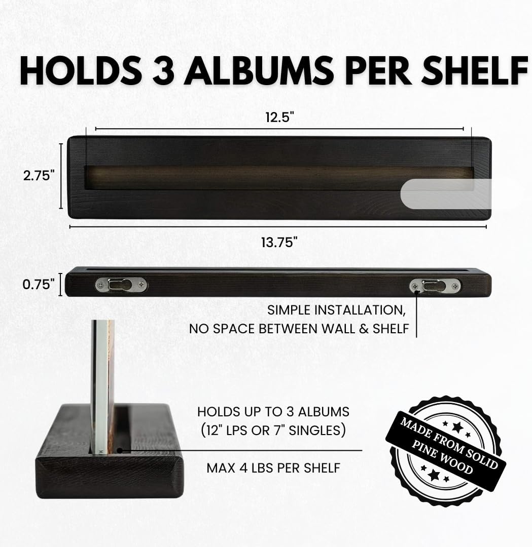 Vinyl Record Display Shelf - Set of 8 Floating LP Album Shelves for Wall Display - Solid Pine Wood - Wall Mount
