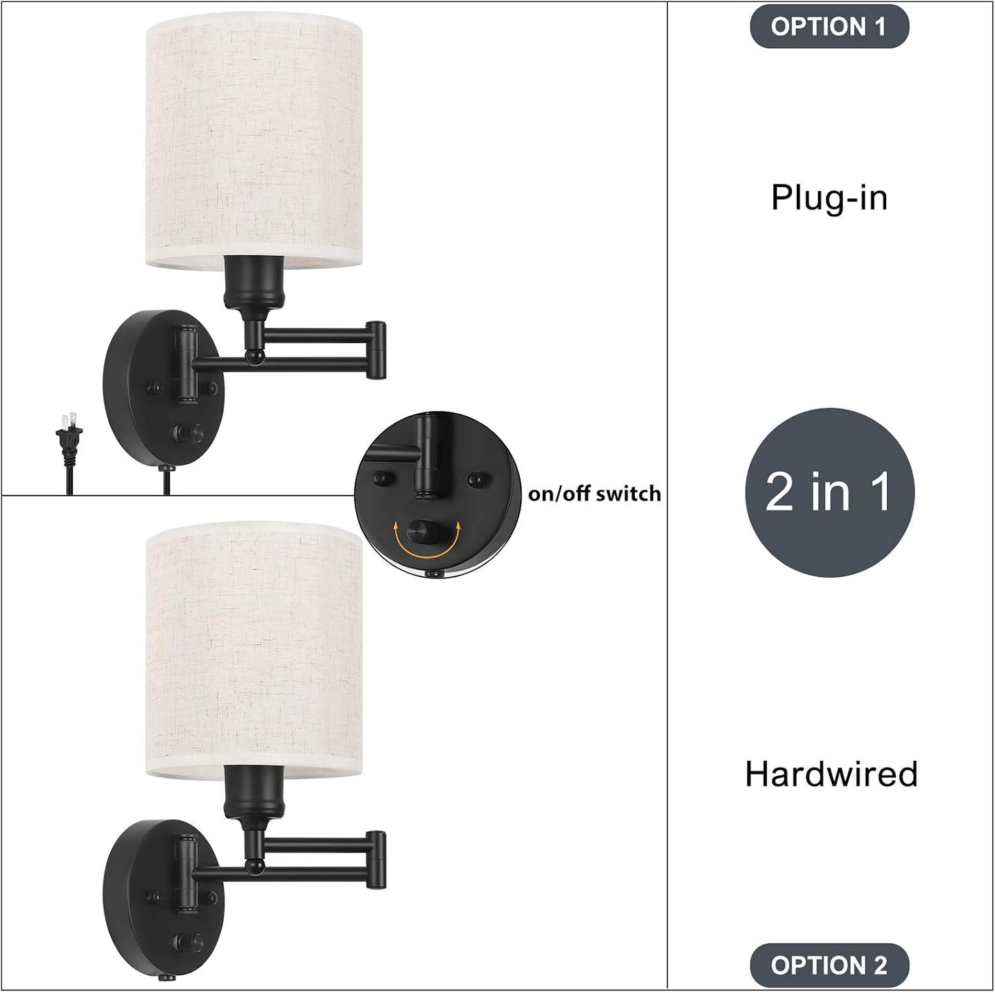 CADUKE Plug in Wall Sconce Set of 2, Swing Arm Wall Lamps | Modern, Bedroom Wall Light Fixtures, Linen Lampshade, For