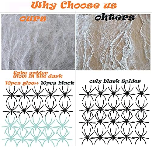 300 Sqft Halloween Spider Web Decorations, with 10 Glow and 10 Black Fake Spiders, Halloween Decorations Outdoor Large Stretch Spider Web Cobwebs Indoor (300 sqft Web+20 Spider)