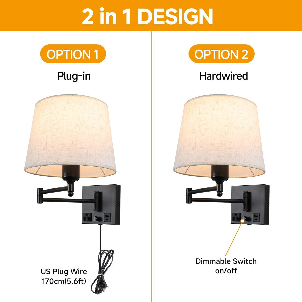 Swing Arm Wall Sconce with Linen Fabric Shade, USB-A & USB-C Charging Ports, Built-in AC Outlet & Rotary Dimmer