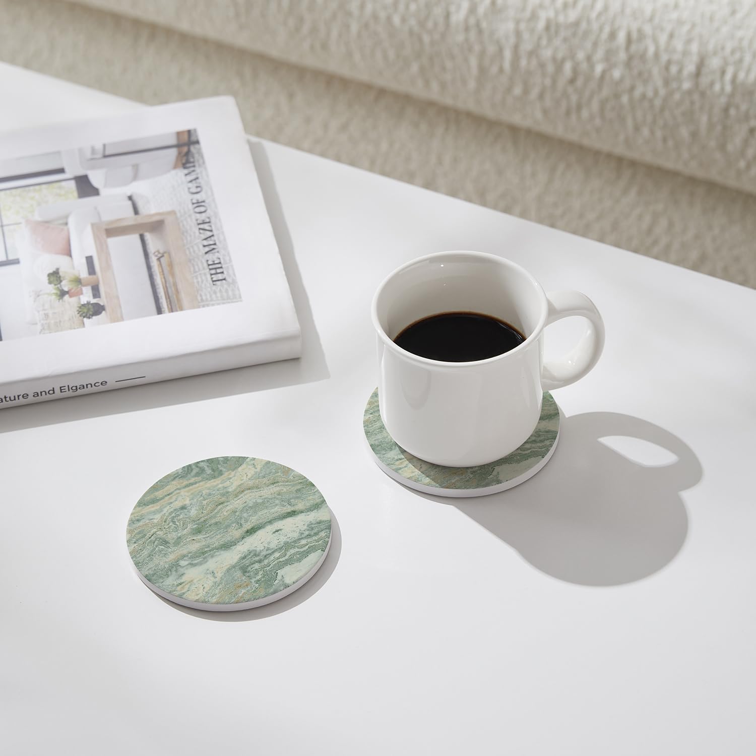 Holder / Absorbent Ceramic Coasters for Drinks / Sage Green / Set of 6