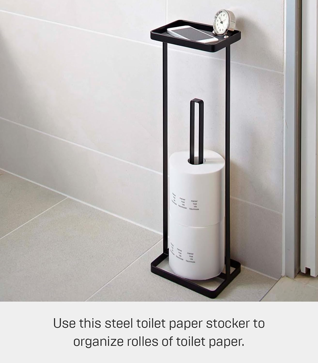 YAMAZAKI Home Tower Roll Paper Stand with Tray - Steel - Holds 3 Toilet Paper Rolls | Sturdy steel roll paper stand
