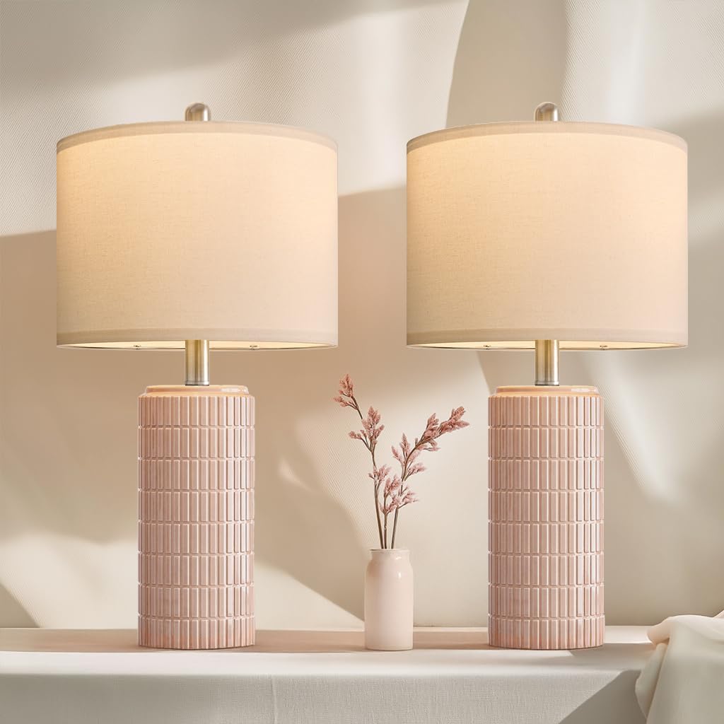 PoKat 23" Pink Ceramic Table Lamps Set of 2, Modern Bedroom Lamps for Girls Room, Bedside Lamps for Night Stands, Cute