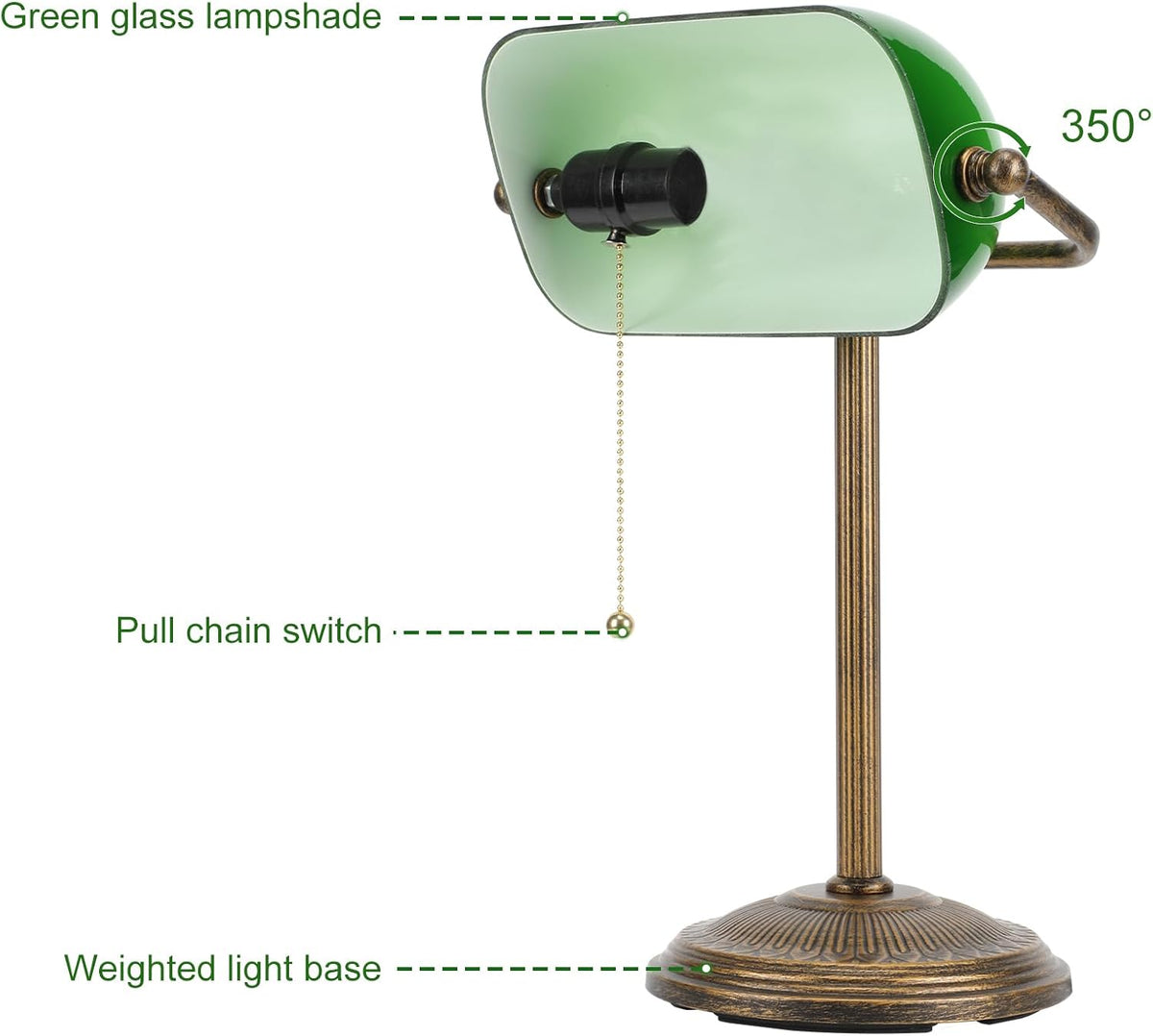 NISSAFORS Bankers Desk Lamp, Green Glass Shade, Vintage Desk Lamp with Pull Chain Switch, Retro Table Lamps for Home