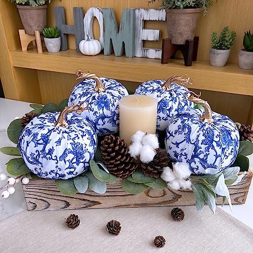 Winlyn 4 Pcs Faux Decorative Blue and White Fabric Pumpkins Chinoiserie Chic Pumpkins Foam Pumpkins for Gifts Farmhouse Thanksgiving Halloween Fall Wedding Table Centerpiece Mantel Bowl Decorations