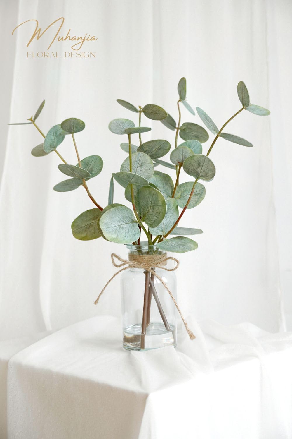 Artificial Eucalyptus Stems in Glass Vase / Double-sided Green Eucalyptus / Set of 3