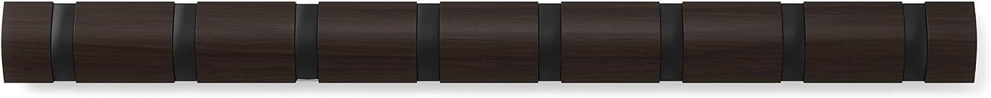 Umbra Flip Coat Rack, Wall Mount 8-Hook, Space Saving, Walnut/Black | Real wood and steel build, retractable hooks fold