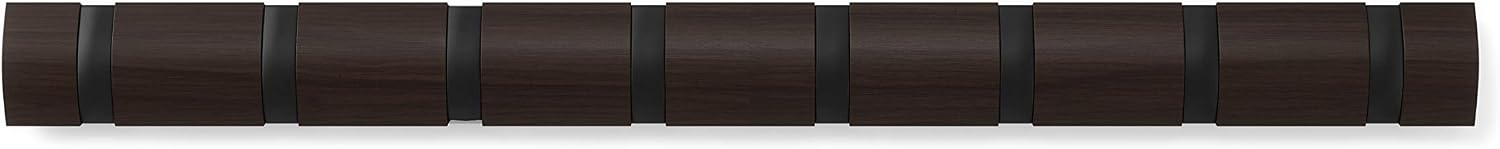 Umbra Flip Coat Rack, Wall Mount 8-Hook, Space Saving, Walnut/Black | Real wood and steel build, retractable hooks fold