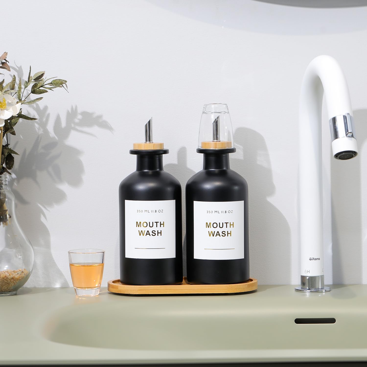 11.8OZ Glass Mouthwash Dispenser, Set of 2, Black | Stainless Steel & Bamboo Nozzle, Reusable Mouthwash Cup, Bamboo