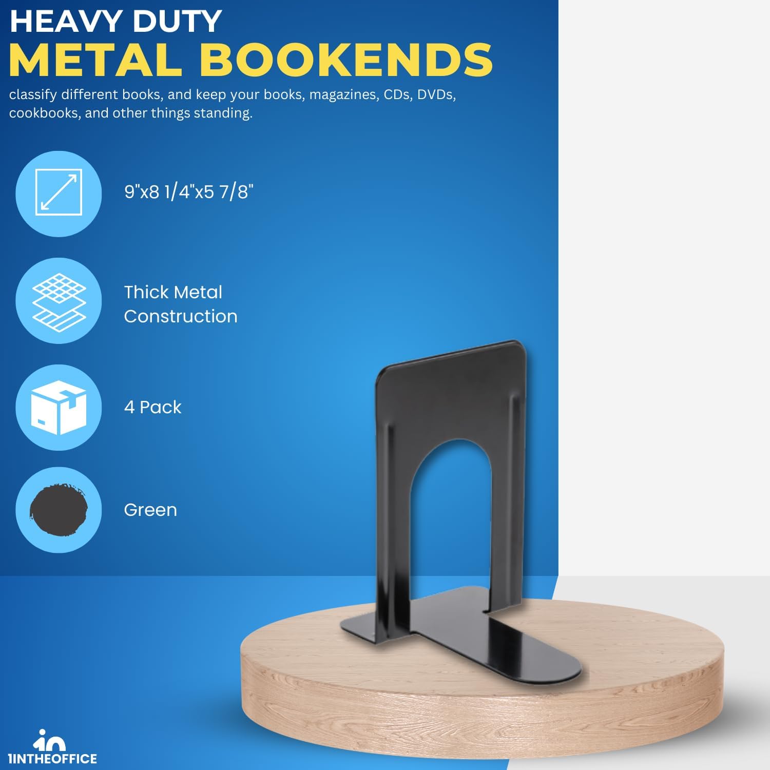 Metal Bookends / 8 1/ 7/ " Heavy Duty / Black / 4 x 5 / Set of 4
