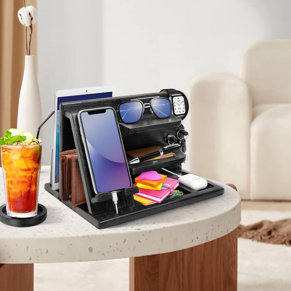 Wood Phone Docking Station - Gifts for Men Desk or Nightstand Organizer - Birthday Gifts for Husband, Fathers Day for