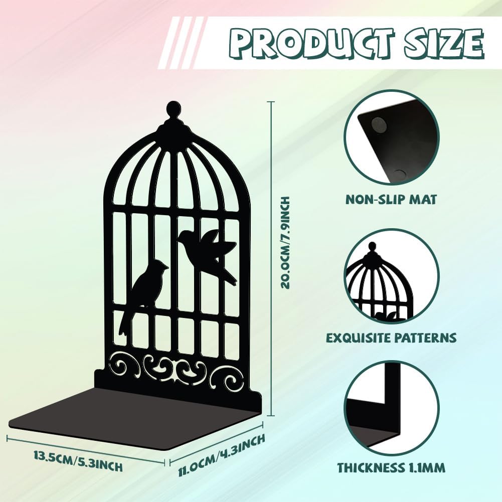 Metal Bookends / Modern Decorative Heavy Duty Study Book Support Stoppers / Birdcage and Bird